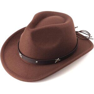 Women's Brown Western Faux Star Stud Band Buckle Classic Fedora Cowboy Felt Hat